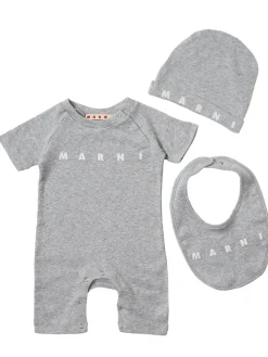 Cotton logo romper, hat & bib