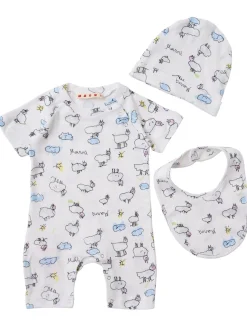 Cotton logo romper, hat & bib