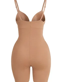 Nylon blend plunge mid thigh bodysuit