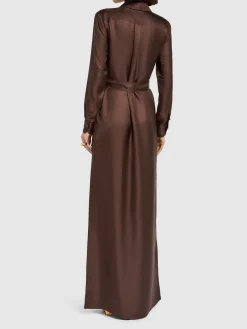 Vestito lungo in twill di seta con cintura