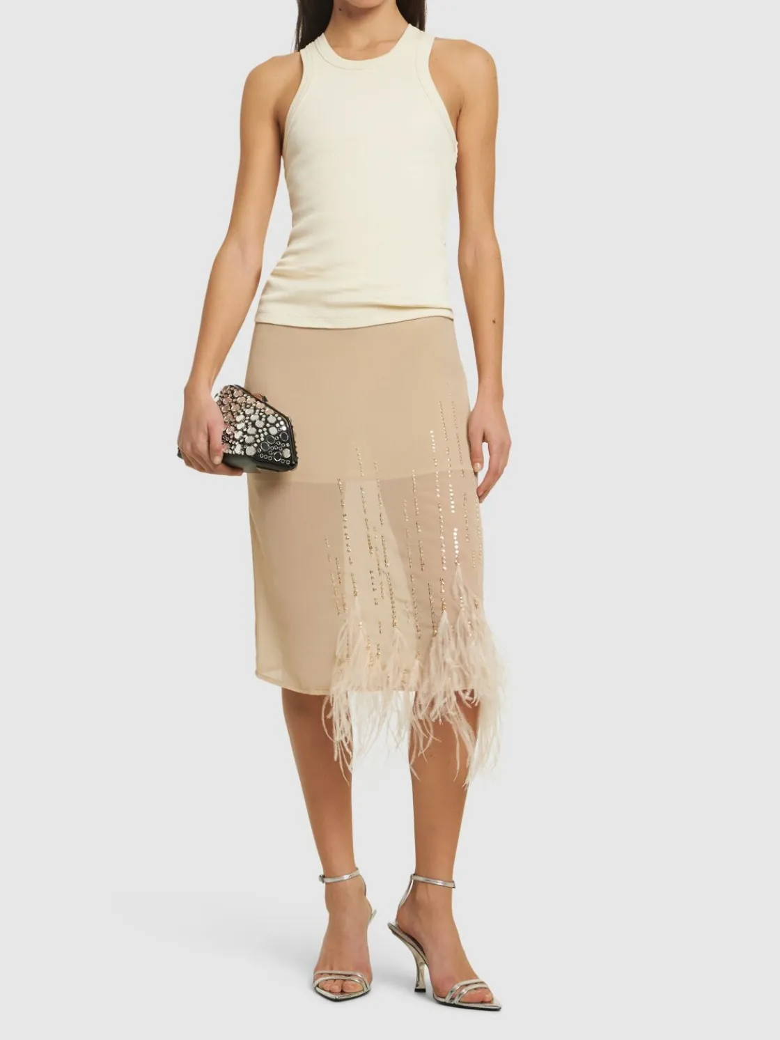 Vestito midi in georgette / piume